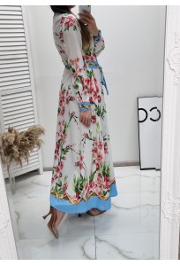 Dlhé kvetinové šaty Klaire - bielo-tyrkysové